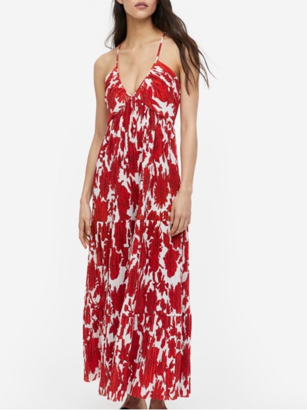 Red and White Floral V-Neck Maxi Dress